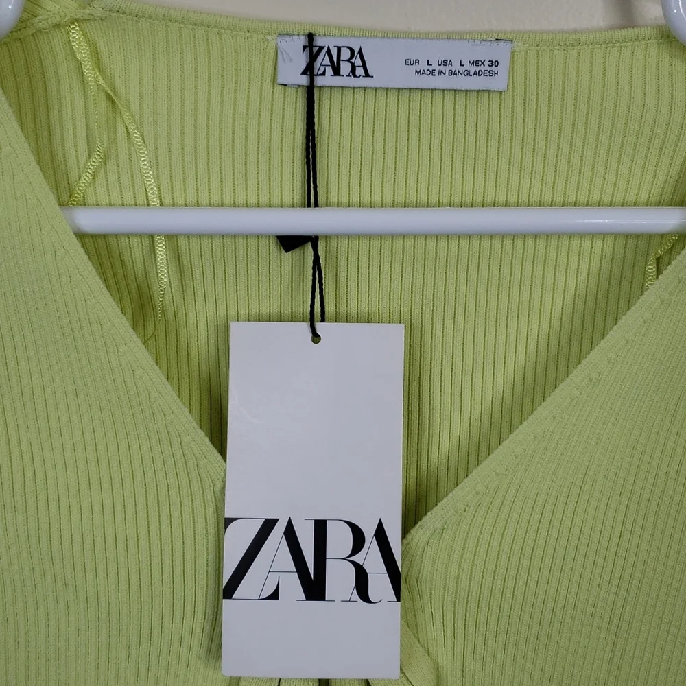 Zara Neon Green Ribbed Front Tie Cardigan Size L - Picture 4 of 4